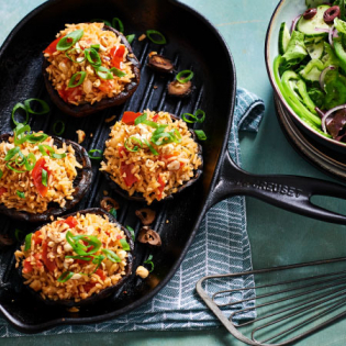 Portobello met tomaten-zilvervliesrijst