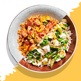 Groene jambalaya met feta en amandel