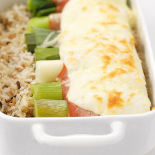 Gratin van ham, prei en meergranenrijst