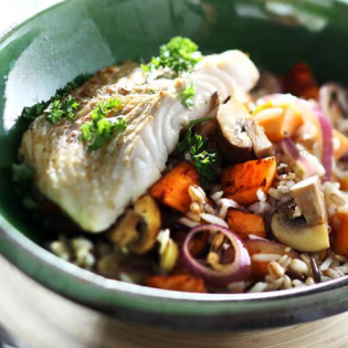 Kabeljauw met zoete aardappel