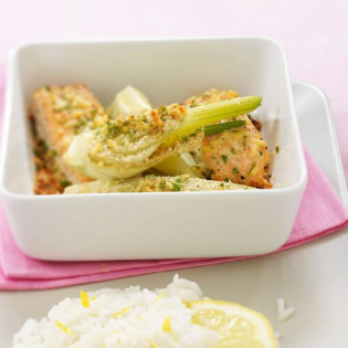 Zalm-venkelgratin met citroenrijst
