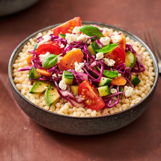 Kruidige chopped salad en basilicum met parelcouscous