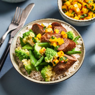 Gebraden saucijzen met bloemkool, snijboontjes en mangosalsa