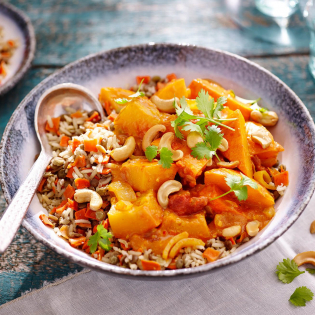 Pompoencurry met linzen rijst
